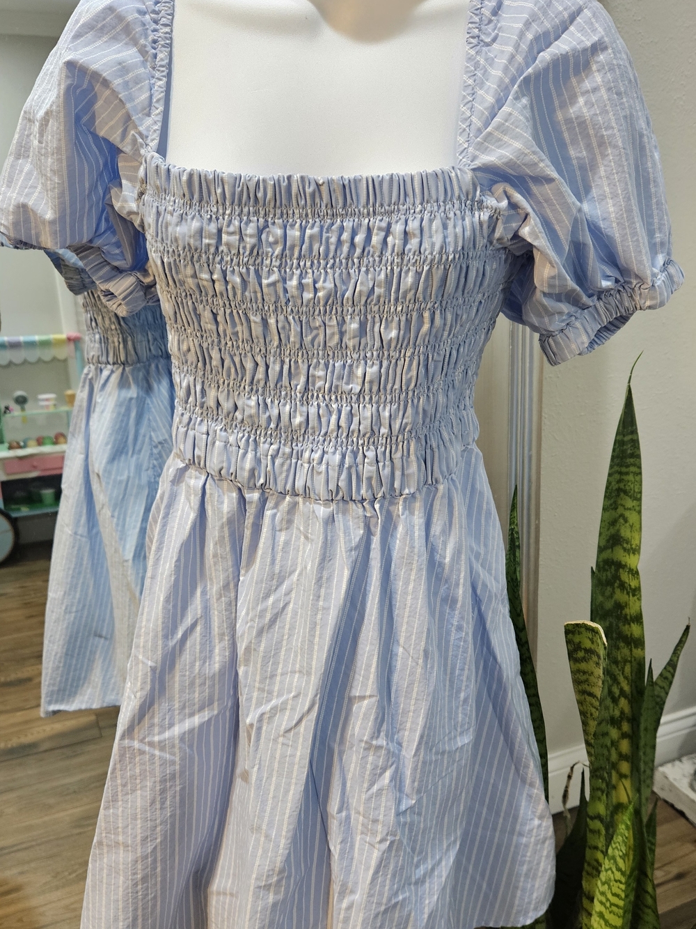 Smocked Square-Neck Blue Stripe Women's Top